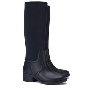 Tory Burch April Tall Neoprene Rain Boots Navy Blue  Equestrian